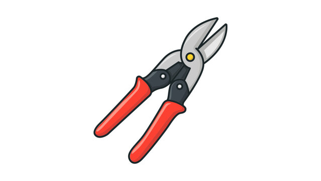 Tin snips vector icon illustration. A modern flat design of metal cutting shears with red handles, isolated on a white background. Professional hand tool for construction, metalwork, and DIY.