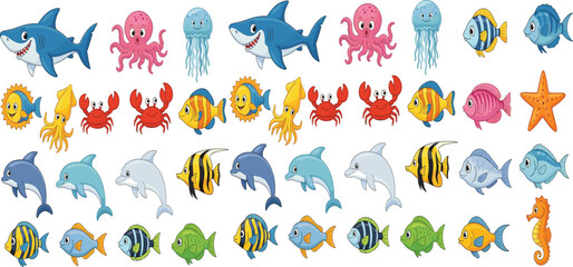 Fototapeta premium Large Cartoon Ocean Animals Collection with Fish Shark Dolphin Octopus Crab Jellyfish and Starfish Characters for Kids Underwater Vector Illustration Set