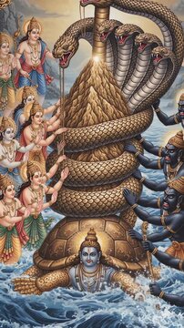 The cosmic churning of the ocean of milk, Samudra Manthan, with gods and demons pulling the serpent Vasuki around Mount Mandara, supported by Lord Vishnu as a tortoise.