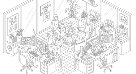 Obraz premium Busy office workers collaborating in a modern isometric open plan workspace, line art.