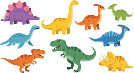 Cute vector collection of various cartoon dinosaurs including Tyrannosaurus Rex Triceratops Stegosaurus and Brachiosaurus for children education and prehistoric design. © Farajul