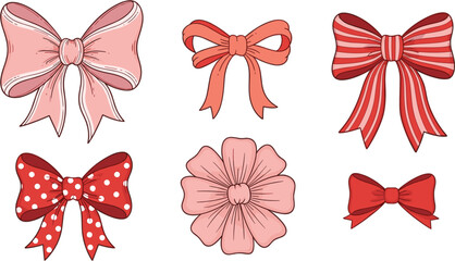 Flat vector collection of cute pink and red decorative bows and flowers for gift wrapping greeting cards wedding invitations and feminine graphic design. © Farajul
