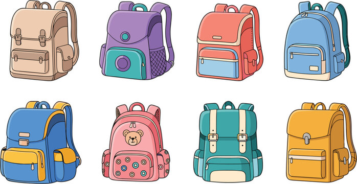 Colorful vector collection of various school backpacks and rucksacks for students education travel and back to school retail marketing.