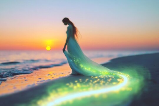 Enchanting selkie at sunset on beach with glowing trail for mythical art themes