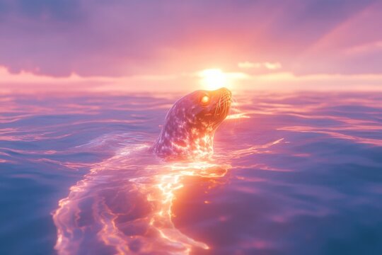 Enchanting selkie in sunset waters: mythical creature transformation and ocean serenity