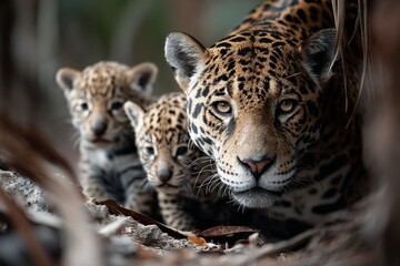 Obraz premium Portrait of a jaguar with its cubs