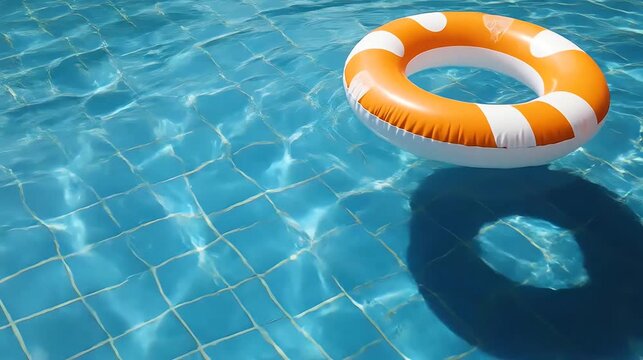Orange and white life ring floating on bright blue water surface