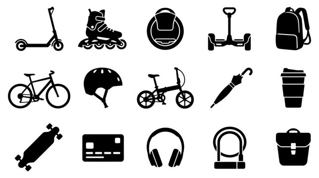 A versatile vector graphic illustration showcasing various urban mobility devices, essential personal accessories, and common daily items for modern city commuting.