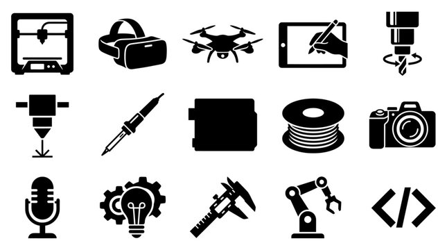 Vector graphic illustration depicting a diverse collection of modern technology, creative tools, and innovative production processes in a clear, versatile icon set.