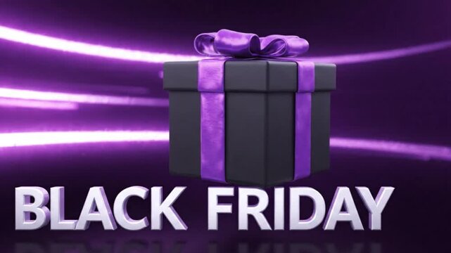 Seamless Infinite Loop of a Rotating Luxury Gift Box over Black Friday Typography on Dark Purple Background