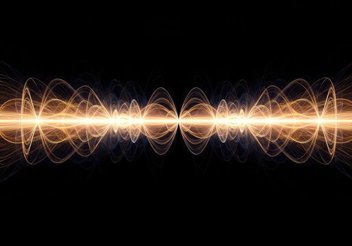 Abstract visual representation of wave energy interaction, showing harmonious frequencies aligning to amplify the output effect and vibration, frequency, transmission, synchronicity