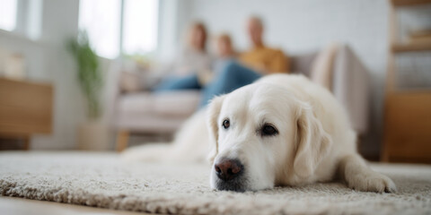 Plakat Golden retriever resting on carpet indoors