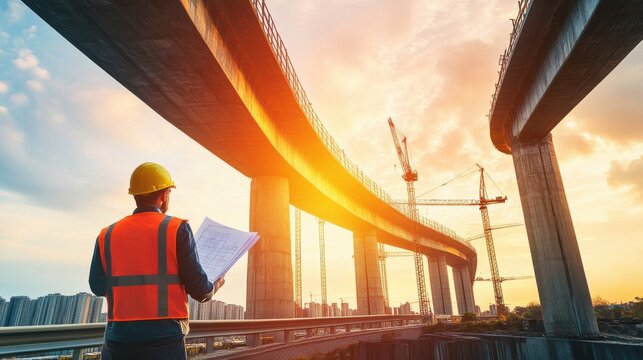 Engineer in vest looking at blueprint of bridge construction