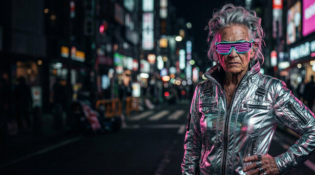 Confident Elderly Person in Futuristic Cyber Goth Streetwear Portrait
