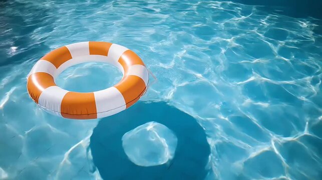 Orange and white lifebuoy floating in a clear blue swimming pool water