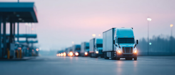Naklejka premium Fleet of semi trucks at dusk