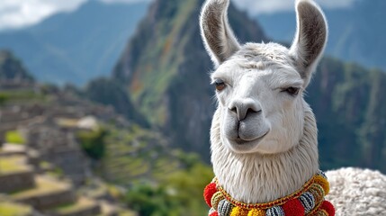 Fototapeta premium Close-up of a white llama with colorful beaded necklace at Machu Picchu, Peru, with ancient ruins and mountains in background