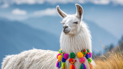 Fototapeta premium Close-up of a white llama with colorful pom-pom adornments in a mountainous landscape.