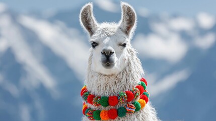 Fototapeta premium Close-up portrait of a white llama wearing a colorful pom-pom necklace against a blurred mountain background