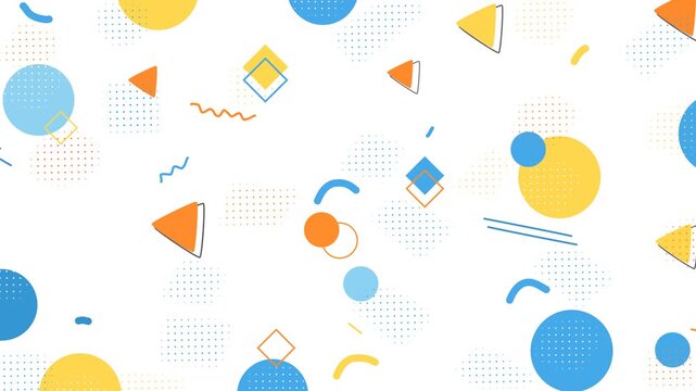 Modern Abstract Geometric Shapes Background Animation With Colorful Minimal Memphis Style Pattern. Blue, Yellow, And Orange Shapes Float On Light Neutral Background with Playful .Composition. 