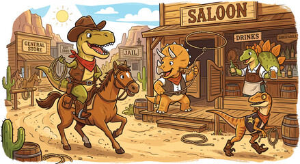 Dinosaur Wild West Cowboy Cartoon Illustration Scene Featuring Trex Sheriff Triceratops Cowboy Stegosaurus Bartender Saloon Editable Vector Collection © MdMahfujAhmmed