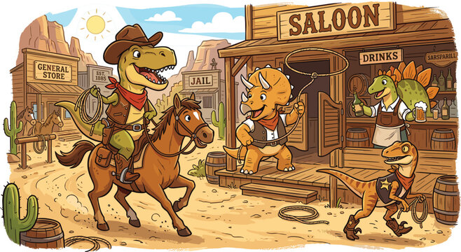 Dinosaur Wild West Cowboy Cartoon Illustration Scene Featuring Trex Sheriff Triceratops Cowboy Stegosaurus Bartender Saloon Editable Vector Collection