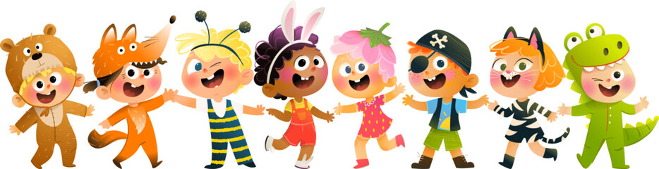 Kids animals costume parade. Children dressed up in funny animals costumes holding hands. Playful childhood characters group for preschool party. 
