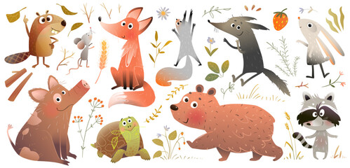 Naklejka premium Forest Wild Animals Cute Sticker Collection. Hand drawn forest animals illustration collection with fox, bear, wolf, rabbit, and turtle.