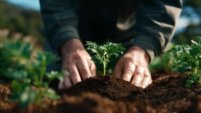Close up weathered hands of grandfather plant seedlings in rich soil demonstrating resilience metaphor while teaching grandchild about growth after hardship in backyard garden, ide