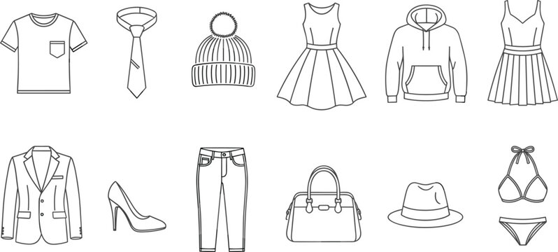 Minimalist Linear Clothing Icon Set with Fashion Essentials Including Dresses, Hoodie, Blazer, Denim Jeans, and Accessories for E-commerce Web Design and Retail Branding Graphics