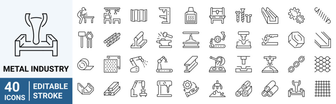 Set of 40 outline icons related to Metal industry. Linear icon collection. Editable stroke. Vector illustration
