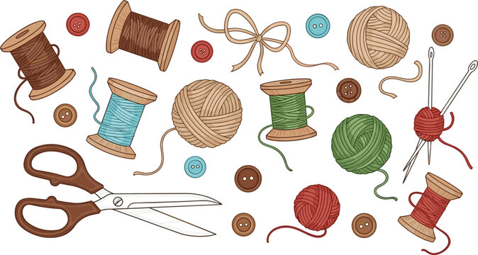 Comprehensive Sewing and Tailoring Accessory Set with Scissors Thread Spools Yarn Balls Buttons and Knitting Needles for Craft and DIY Hobby Designs