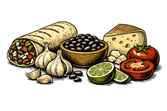 Mexican Cuisine Food Ingredients Set Featuring a Grilled Burrito, Garlic Bulbs, Black Beans in a Wooden Bowl, Hard Cheese Wedge, Fresh Lime Slices, and Red Tomatoes. Vintage Engraving Style Vector.