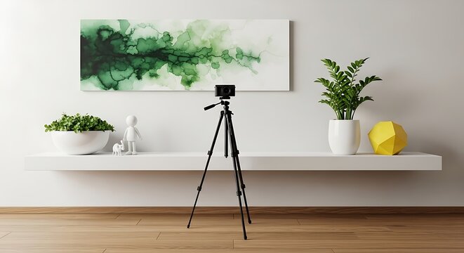 Minimalist white shelf displaying a camera on a tripod, a green abstract a potted fern, a small white figurine, and a yellow geometric