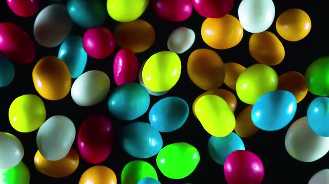 Explosion of Colorful Candy. Bright round candy flying out of the darkness and hang in front of the lens