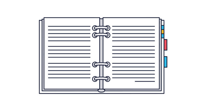 Blank open spiral notebook with horizontal lines and colorful index tabs for organizing notes and planning tasks.