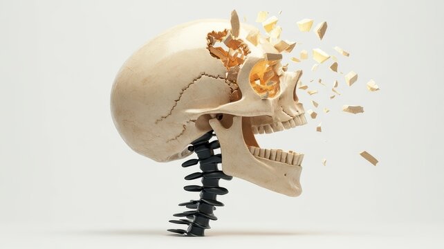 Human skull with broken jaw a detailed view of a human skull showcasing a fractured jawbone with significant damage