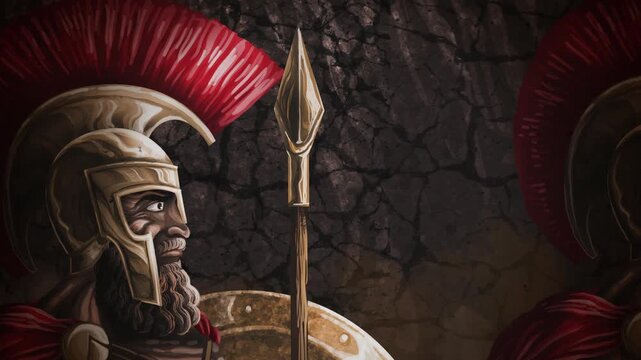 spartan warriors marching with shield and spear through thermopylae pass