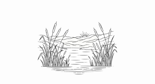 Sunrise over a tranquil lake with reeds and distant hills