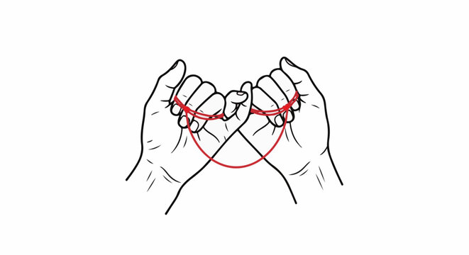 Two hands pinky promise with red string between fingers