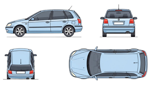 Illustration shows a blue car from multiple angles on white