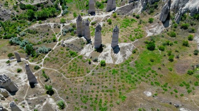 4K Drone View of Unique Rock Pillars in Love Valley Turkey