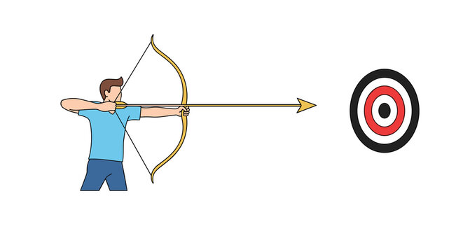 A focused archer wearing a casual light blue shirt and dark pants aims a slender golden bow and arrow toward a circular red and black target board.