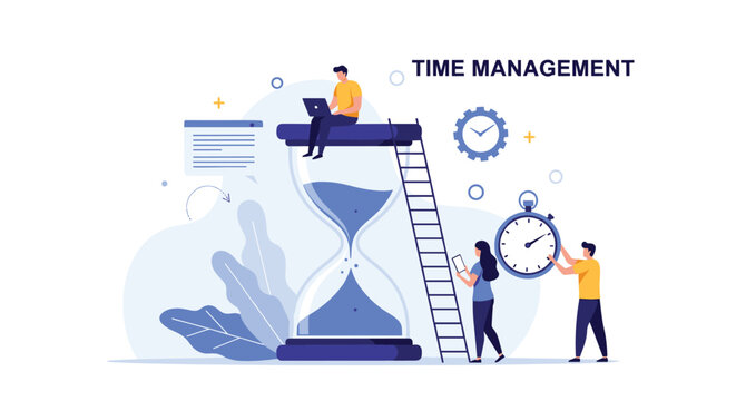 Professional team manages limited time and deadlines using giant hourglass and digital tools for productivity.