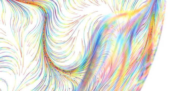Dynamic colorful lines flowing across white space, digital art, abstract background, mode