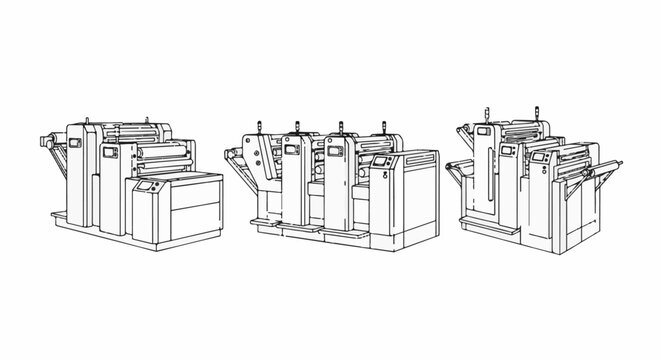 Three industrial printing presses in a line, rendered in black outline on white
