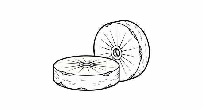 Two stylized, circular objects with textured edges and radiating lines