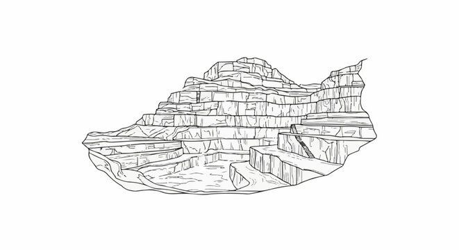 Stylized sketch of a layered rock formation resembling a canyon or mine