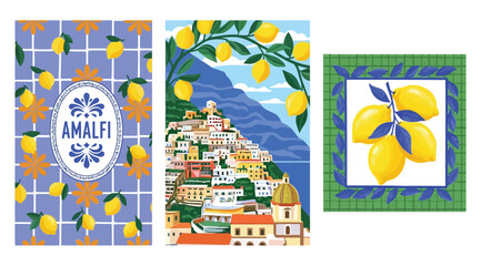 Amalfi coast themed illustrations featuring lemon patterns, coastal town landscape, and tiled lemon design © S.Siam