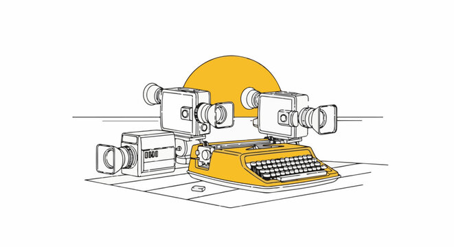 Vintage cameras and a yellow typewriter are arranged around a yellow semi-circle